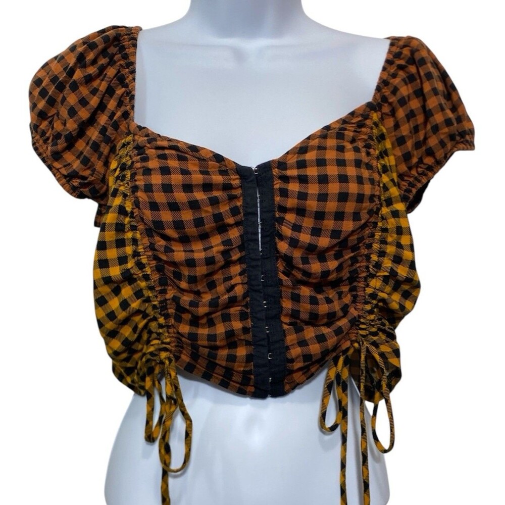Rabbit Rose Top Juniors Size XL Mixed Gingham Check Cropped Hook Eye Front Close